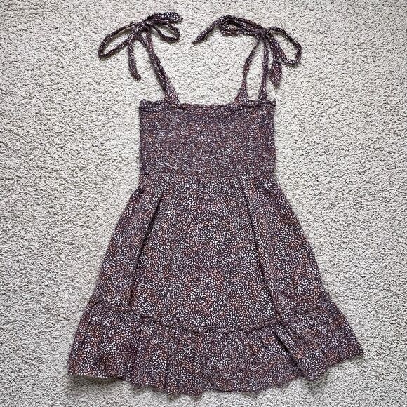 AERIE All Day Smocked Mini Dress Tie Strap Ruffle Lined Brown Orange size XSmall - Picture 3 of 11